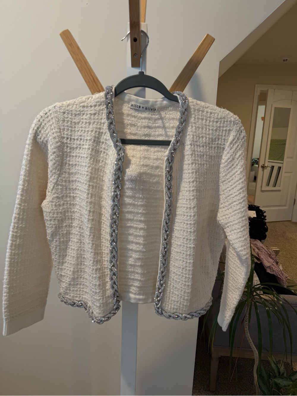 Alice + Olivia Ivory Open-Front Cardigan with Silver Braid